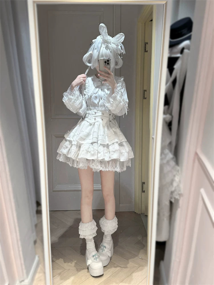 Jirai Kei Lace Blouse, High-Waist Tiered Skirt 44525:823076