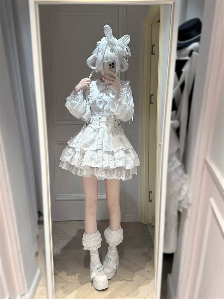 Jirai Kei Lace Blouse, High-Waist Tiered Skirt 44525:823076