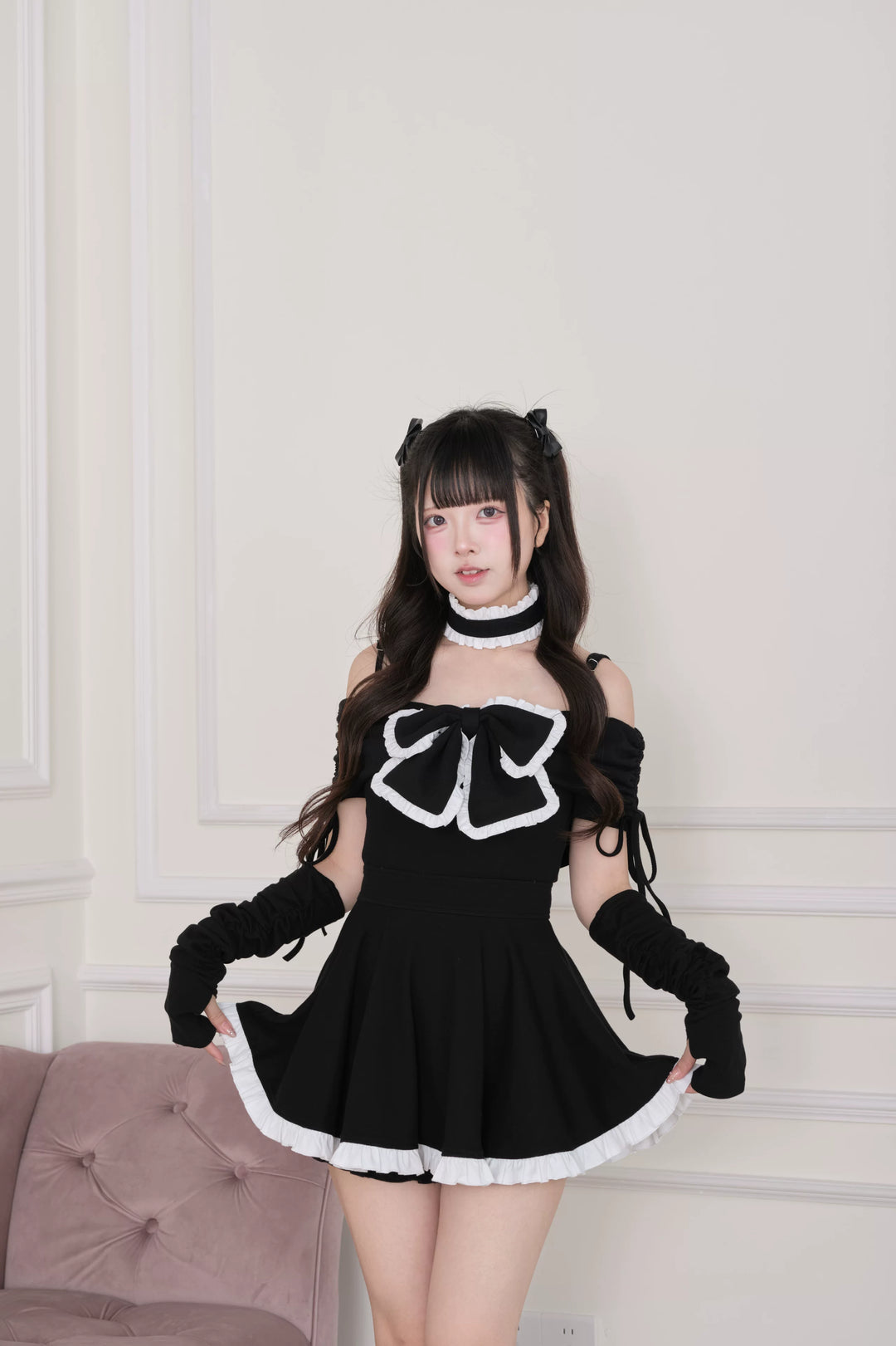 Jirai Kei Dress Set, Off-Shoulder Dress, Ruffled Choker 44943:830413