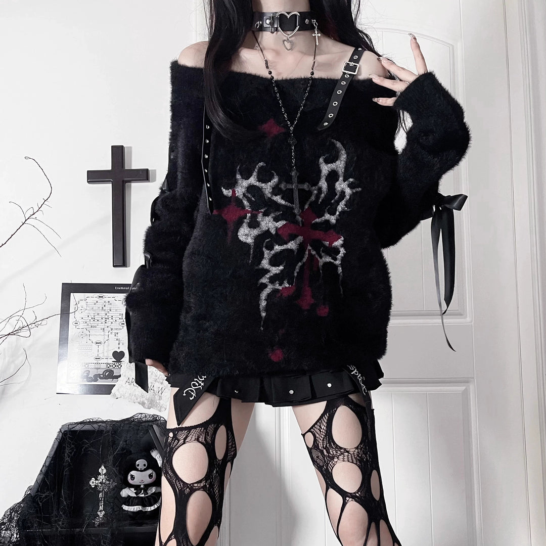 Subculture Open Shoulder Sweater, Butterfly Pattern 44335:804591