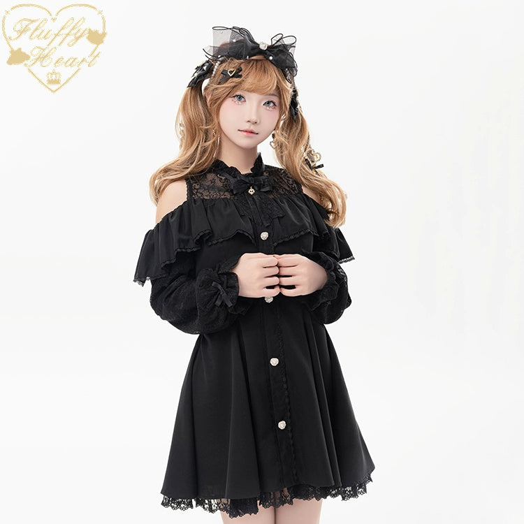 Jirai Kei Dress Set Ryousangata Dress Drop Shoulder Dress (2XL L M S XL / Black) 37122:551946