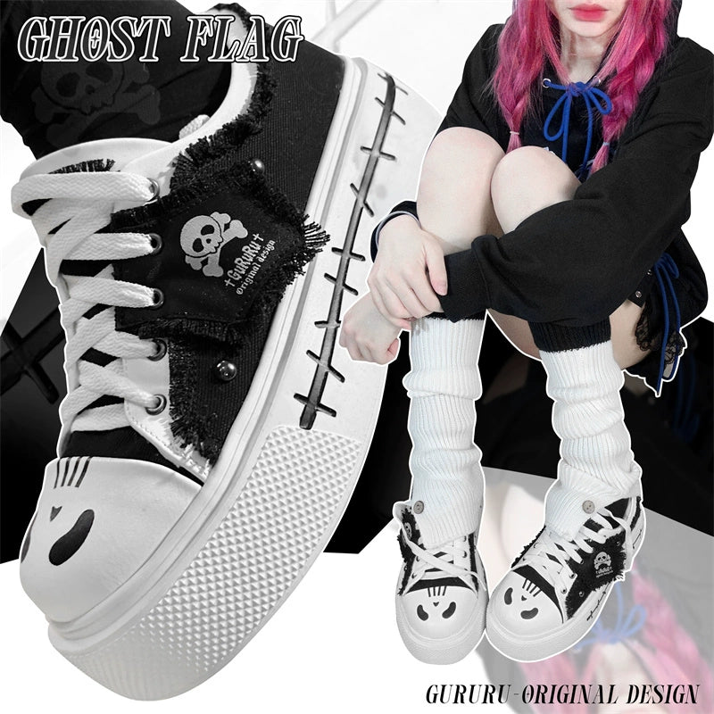 Y2K Subculture Girl Platform Canvas Black White Shoes 28960:344050