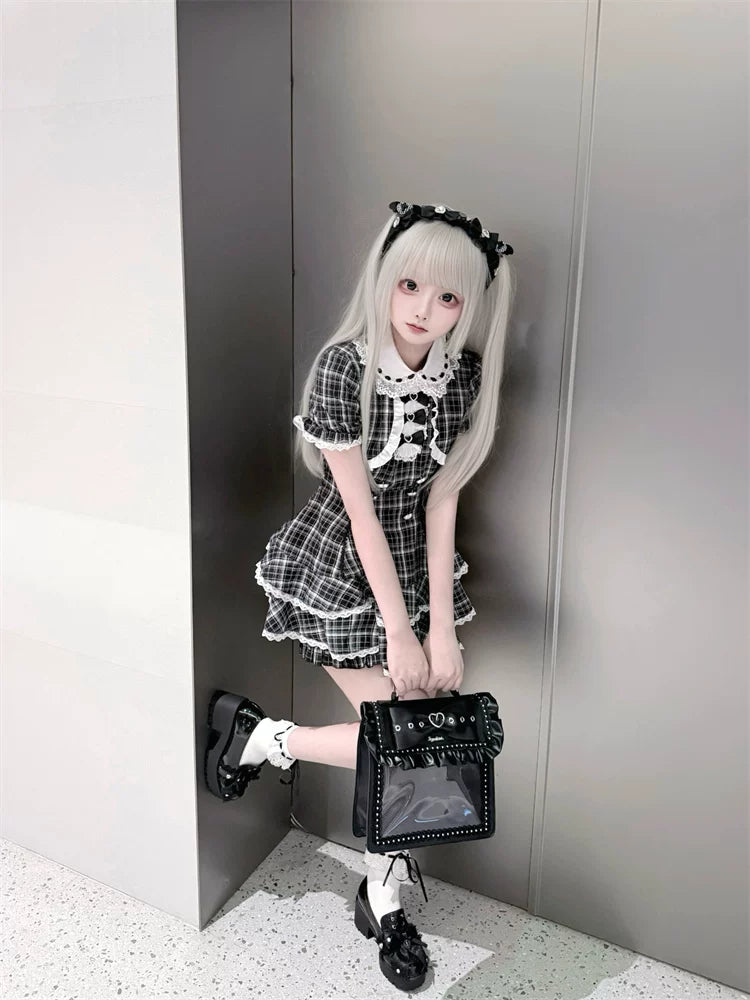 Plaid Jirai Kei Dress Set, Peter-pan Collar 45568:853313