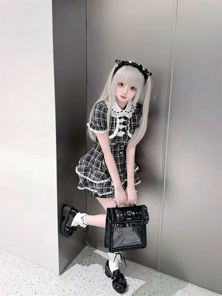 Plaid Jirai Kei Dress Set, Peter-pan Collar 45568:853313