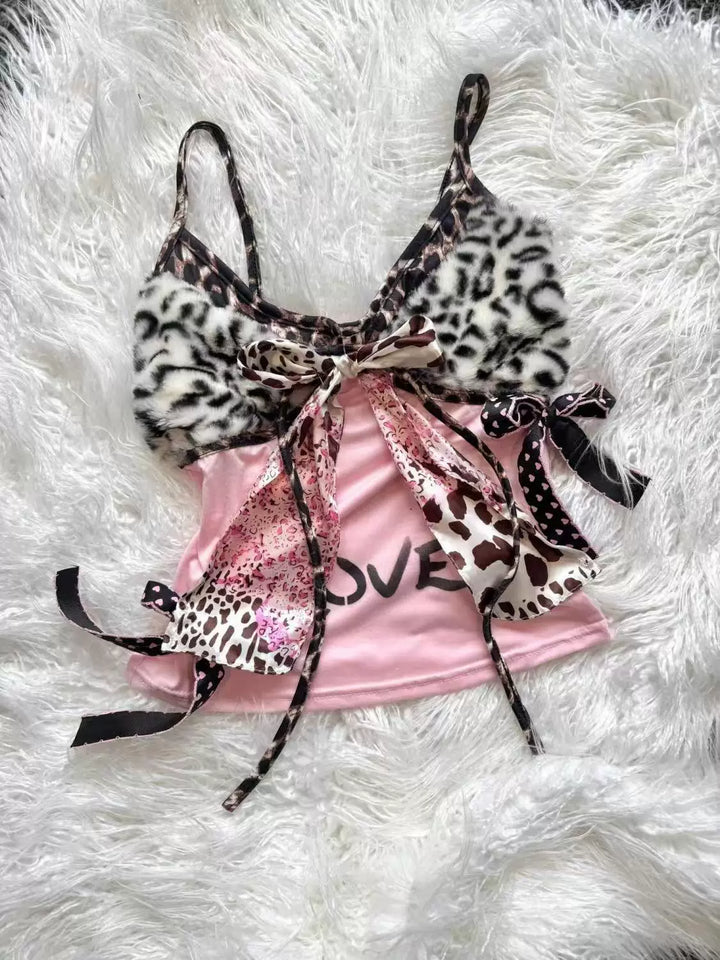 Gyaru Pink Cami Top, Leopard Fluffy Chest 45511:852608