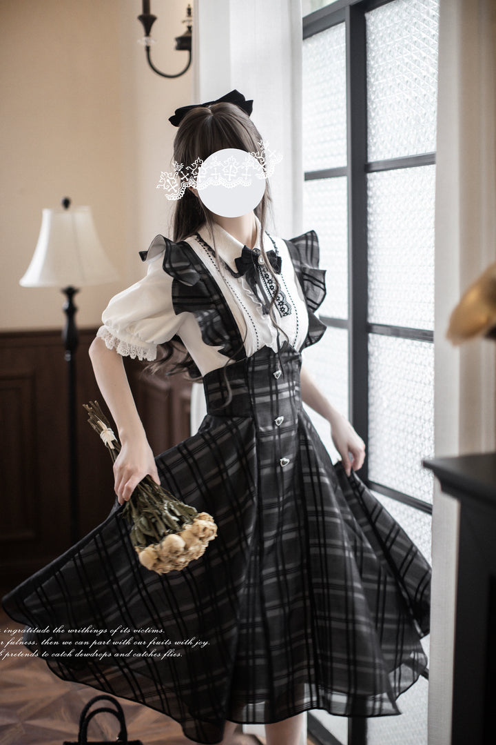 Black Jirai Kei Plaid Suspender Skirt Set with White Blouse 42918:760659