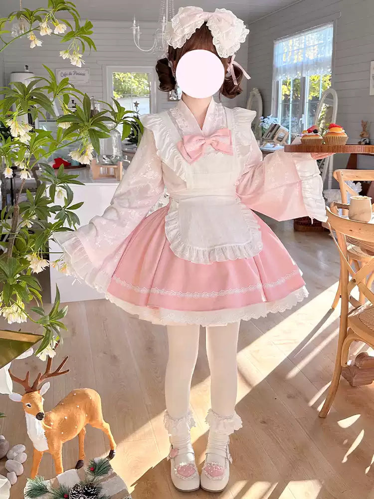 Kawaii Outfit White Maid Blouse And Pink Skirt With Apron (L M S) 42283:735238