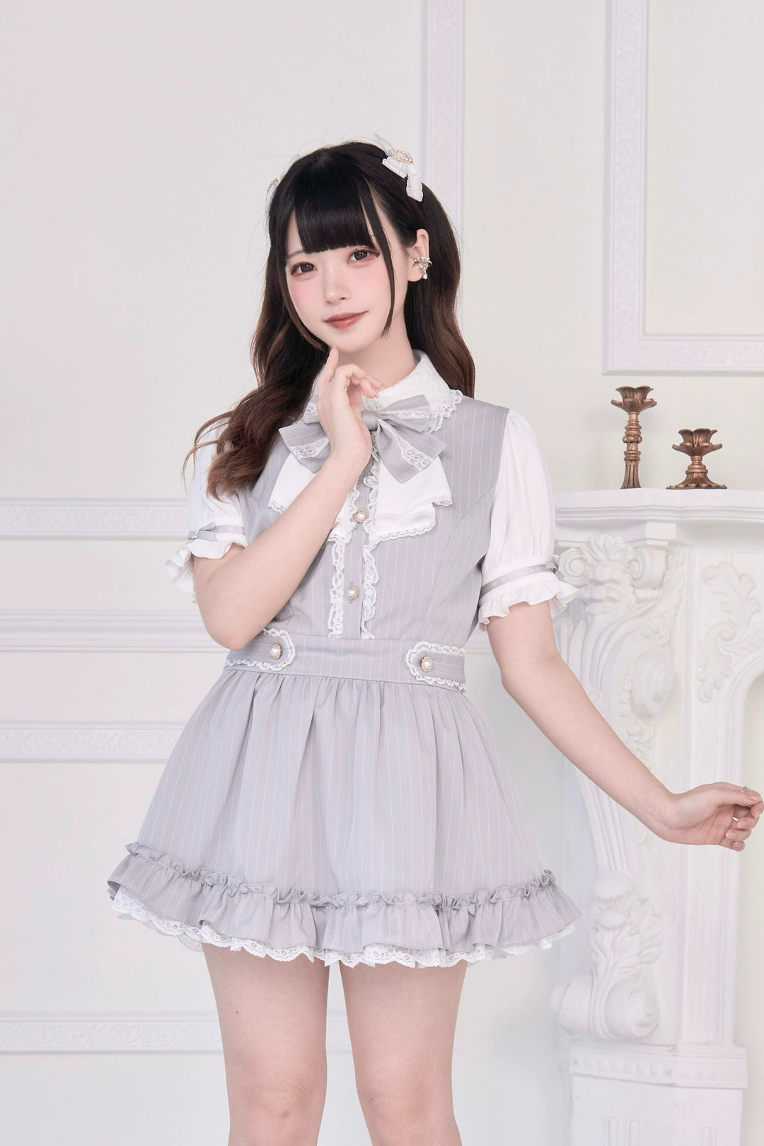 Striped / Solid Jirai Kei Dress, Elastic Shorts 43533:779059