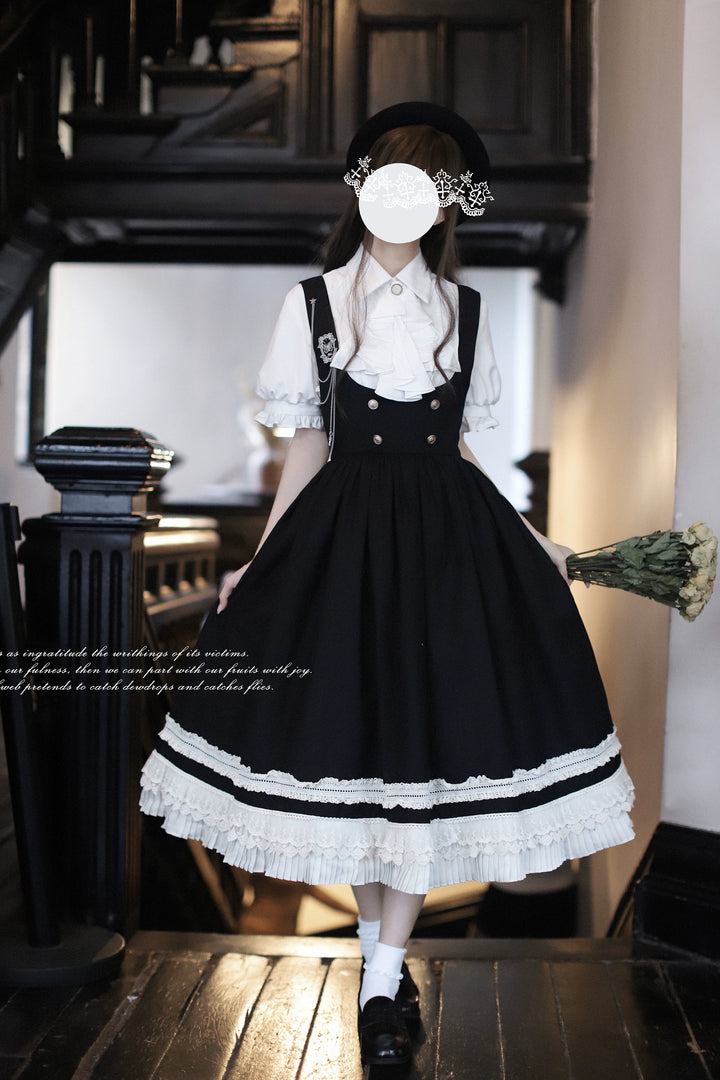 Black Preppy Style Jumper Dress, White Blouse 43508:778722