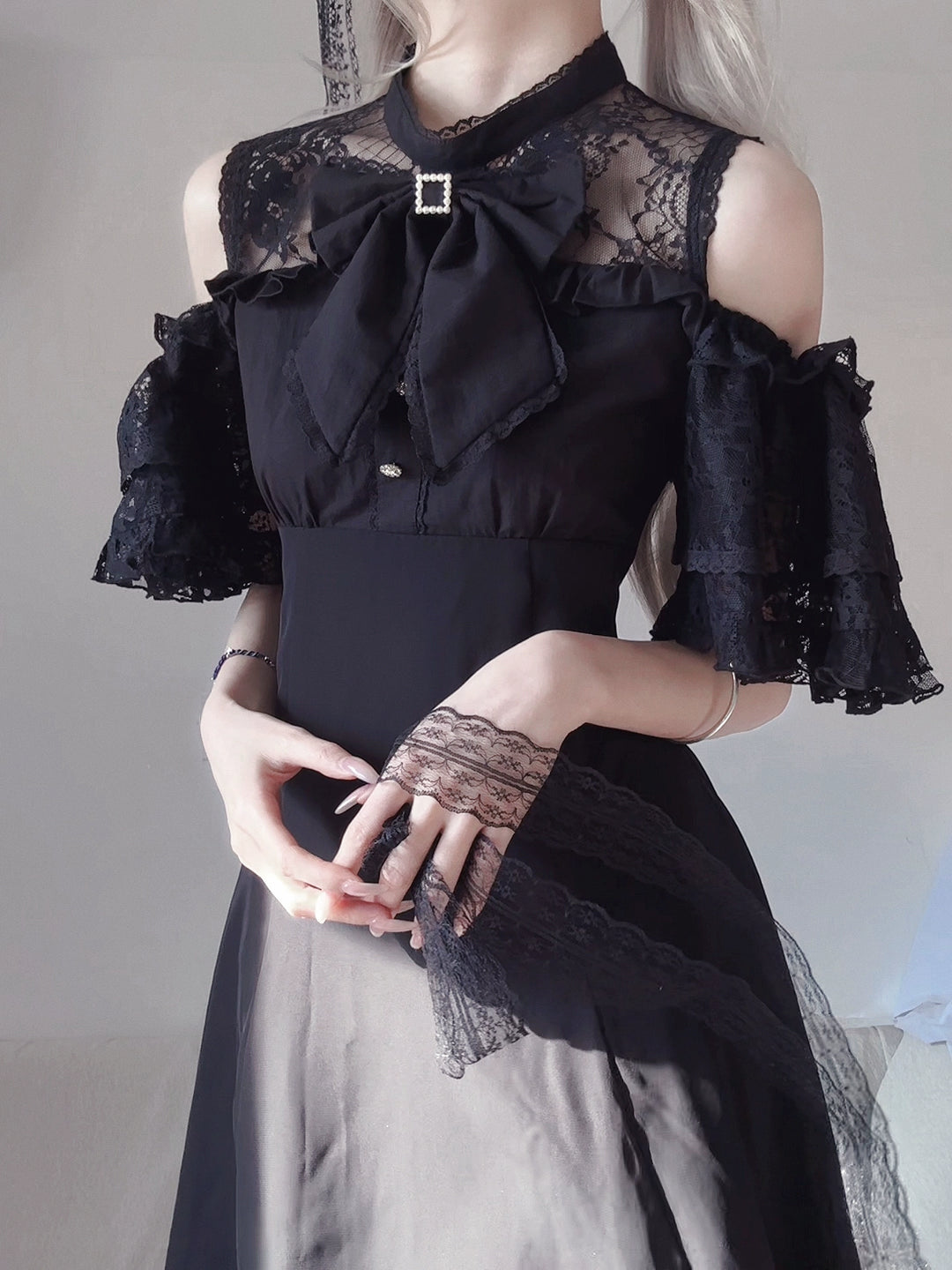 Elegant Long Jirai Kei Dress, Lace Ruffle Open-Shoulder 43651:782330