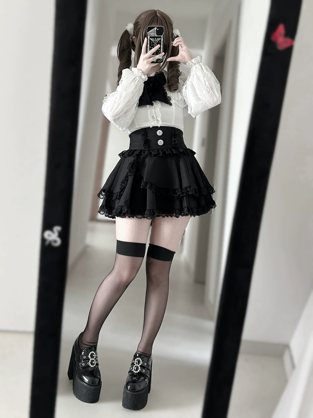 Lace Trimed Jirai Kei Skirt, Detachable Waist Bow 43512:778912