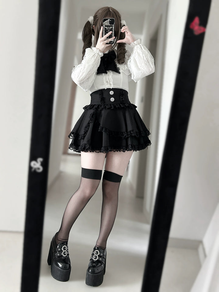 Lace Trimed Jirai Kei Skirt, Detachable Waist Bow 43512:778912