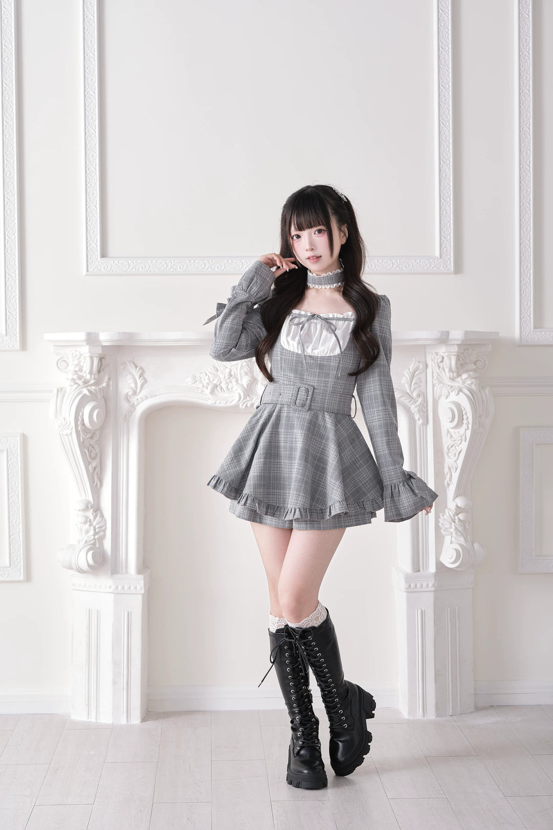 Jirai Kei Plaid Dress and Shorts Set, Lace Trim Choker 44689:819266