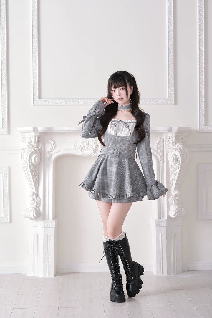 Jirai Kei Plaid Dress and Shorts Set, Lace Trim Choker 44689:819266