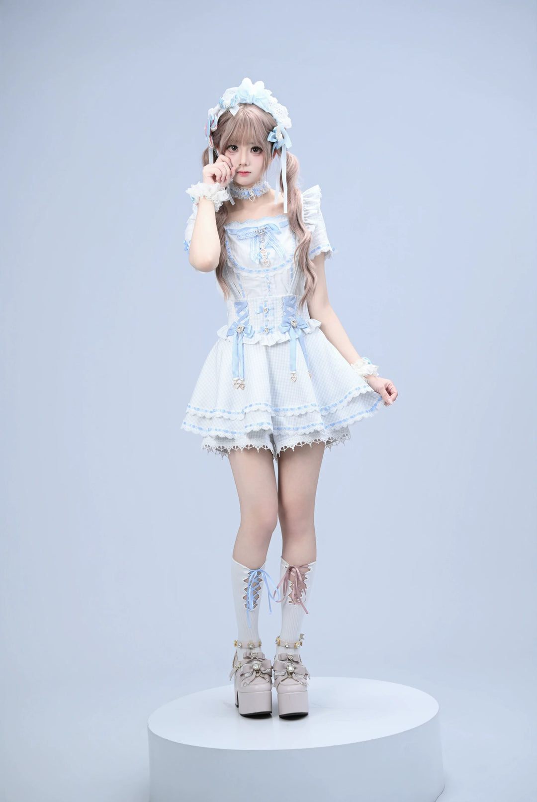 Jirai Kei Cotton Shirt, High-Waisted Suspender Skirt 45267:845216