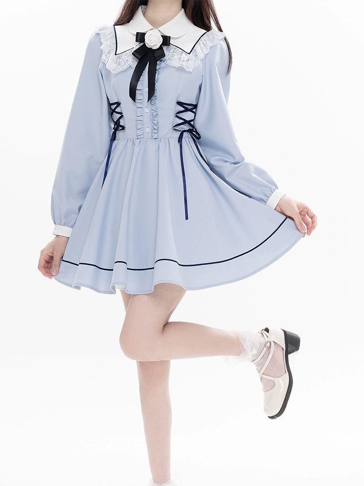 Kawaii French Style Light Blue Long Sleeve Ribbon Dress 21990:325074
