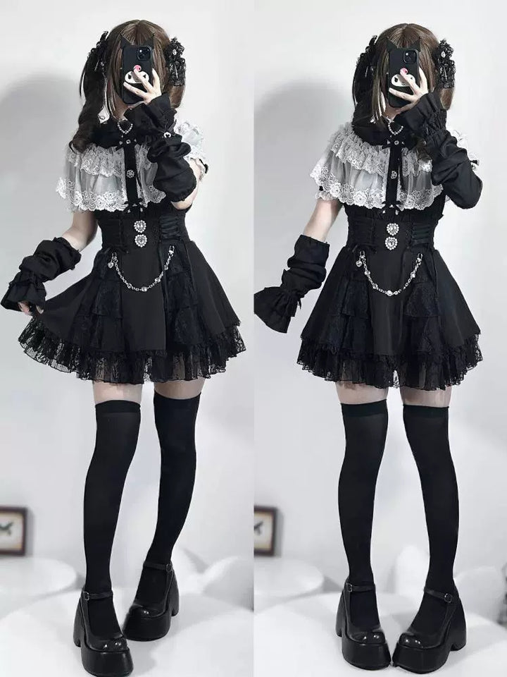 Jirai Kei Blouse with Layered Lace Cape & Detachable Sleeve 42860:755736