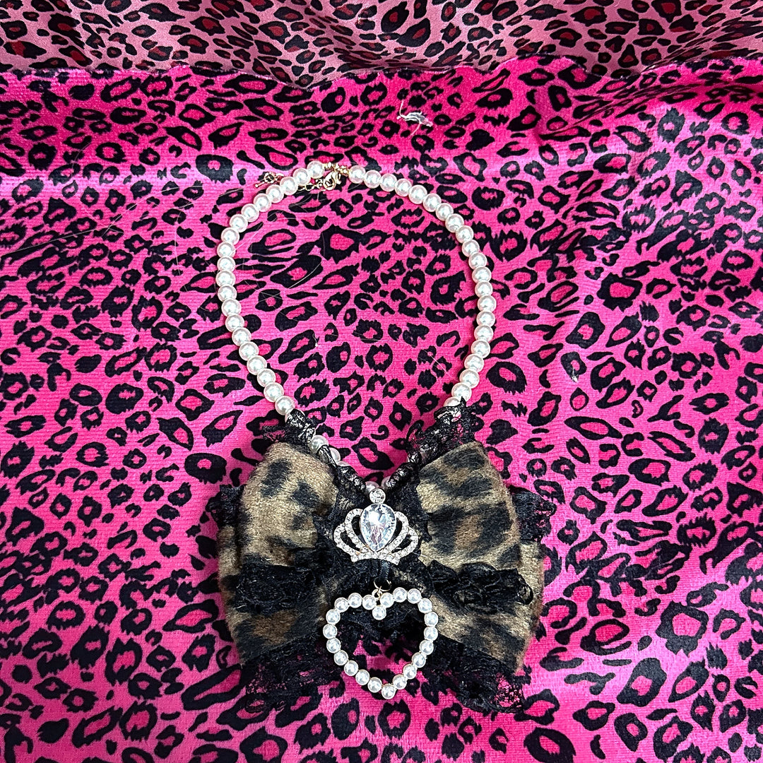 Gyaru Leopard Pearl Necklace, Crown and Heart Rhinestone 45563:852836