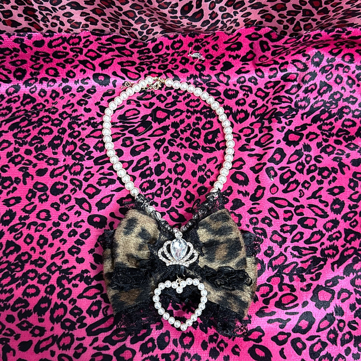 Gyaru Leopard Pearl Necklace, Crown and Heart Rhinestone 45563:852836