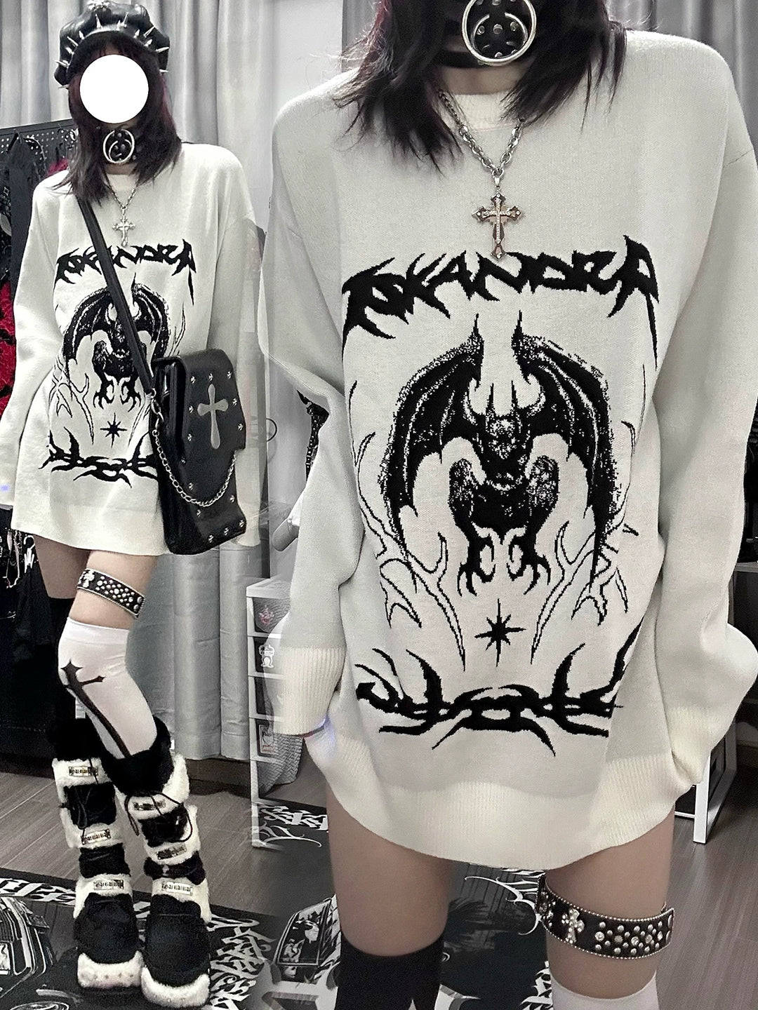 Punk Sweater White Bat Embroidered Sweater 39788:640158