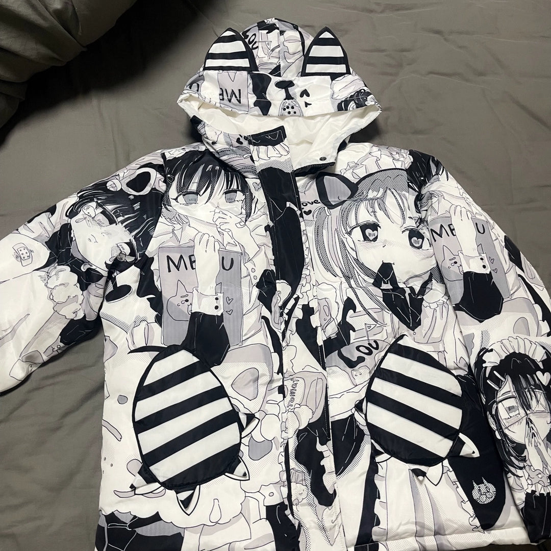 Kawaii Winter Coat Black White Girl Printed Cat Ear Padded Down Jacket 33318:431638