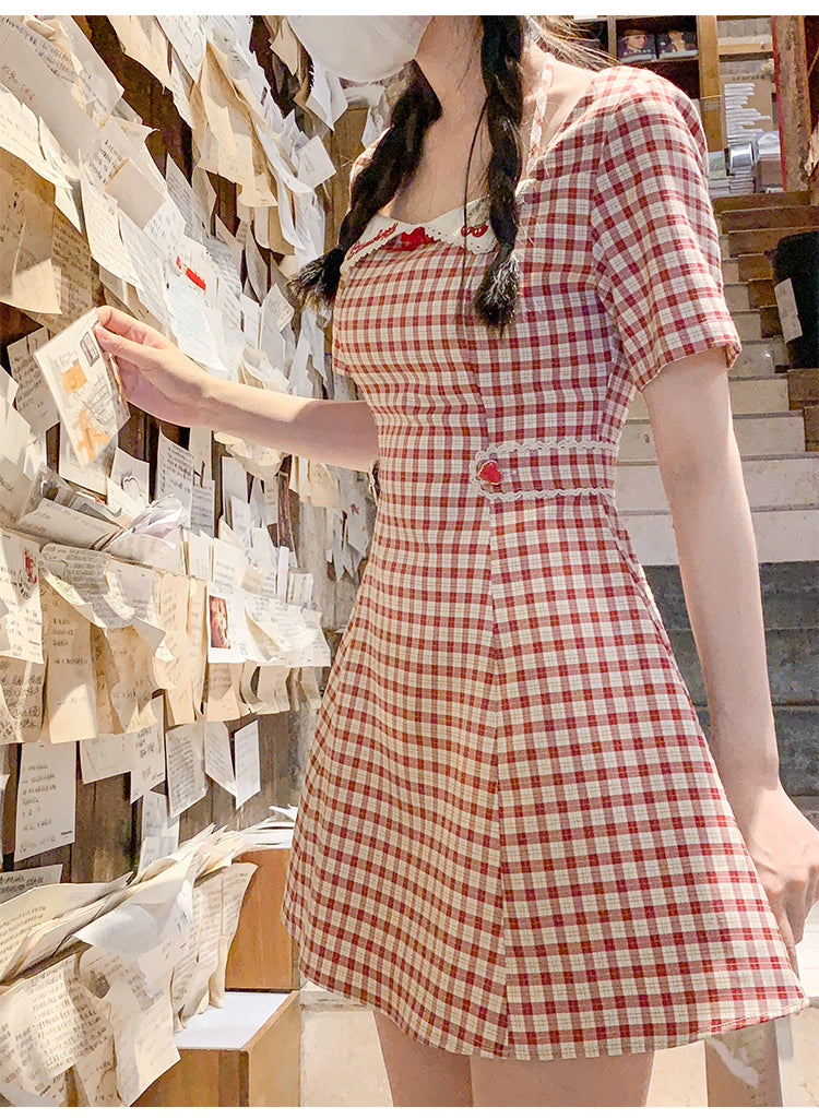 Cottagecore Dress Plaid Crossover Straps Dress Kawaii Dress (Red / L M S XL) 36410:563254