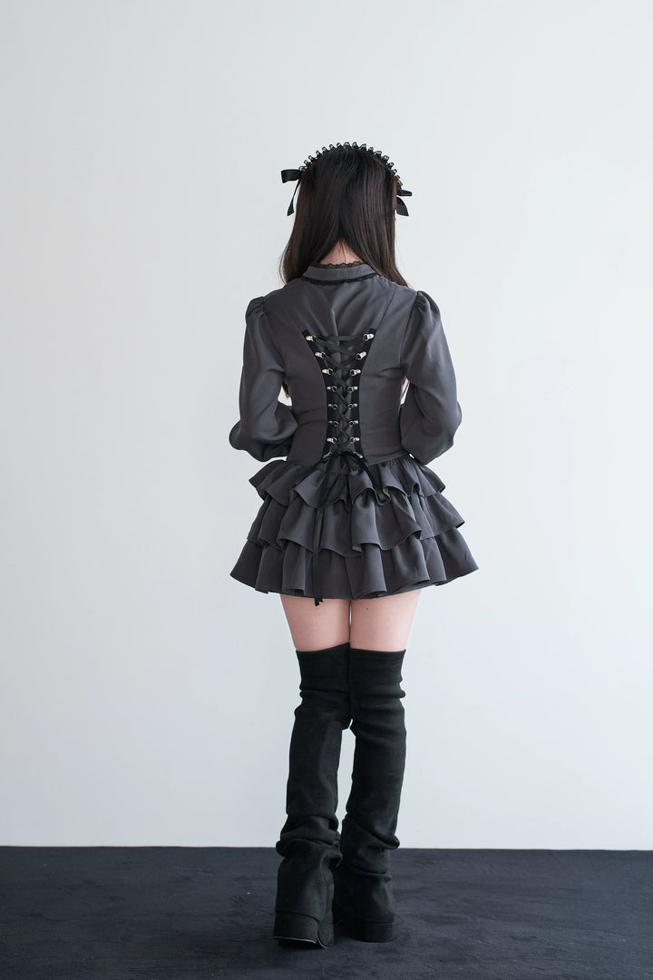Black/Gray Jirai Kei Lace-Up Dress, Elastic Shorts 44329:806155