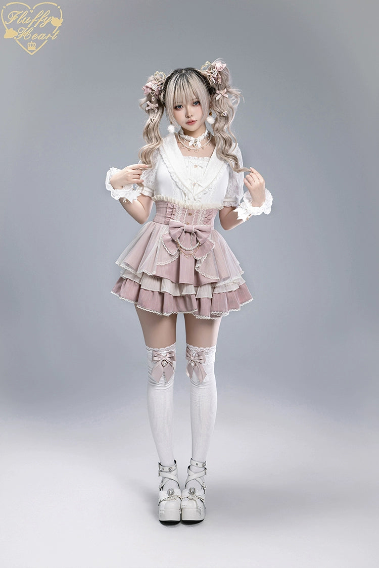 Striped High Waist Jirai Kei Skirt, Detachable Bow 43679:785989
