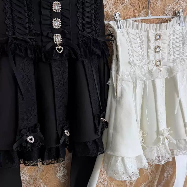 Jirai Kei High Waist Skirt, Lace Ruffle & Rhinestone (L M S XL) 45843:865662
