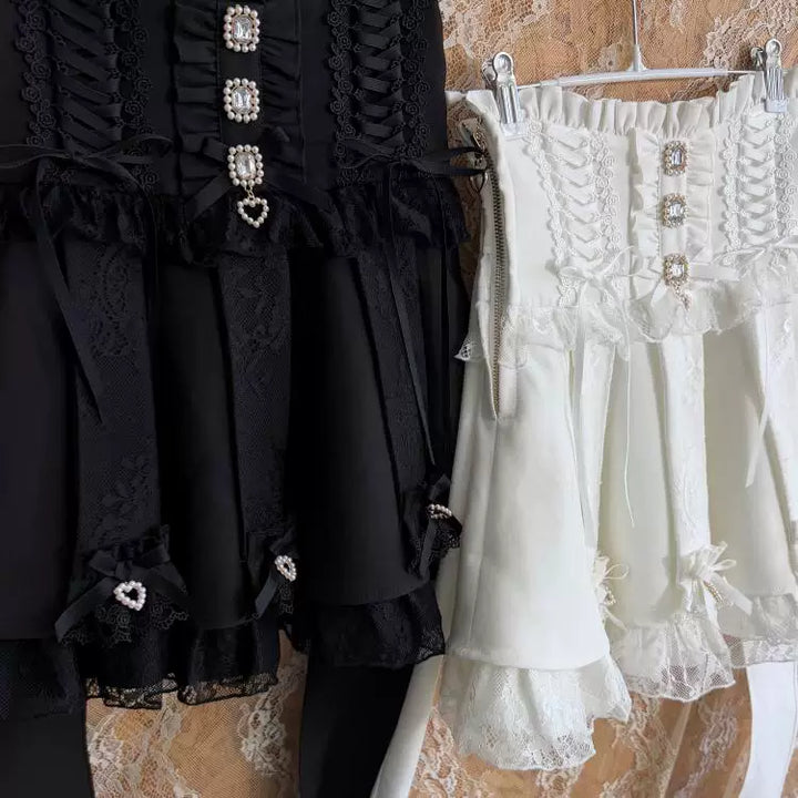 Jirai Kei High Waist Skirt, Lace Ruffle & Rhinestone (L M S XL) 45843:865662