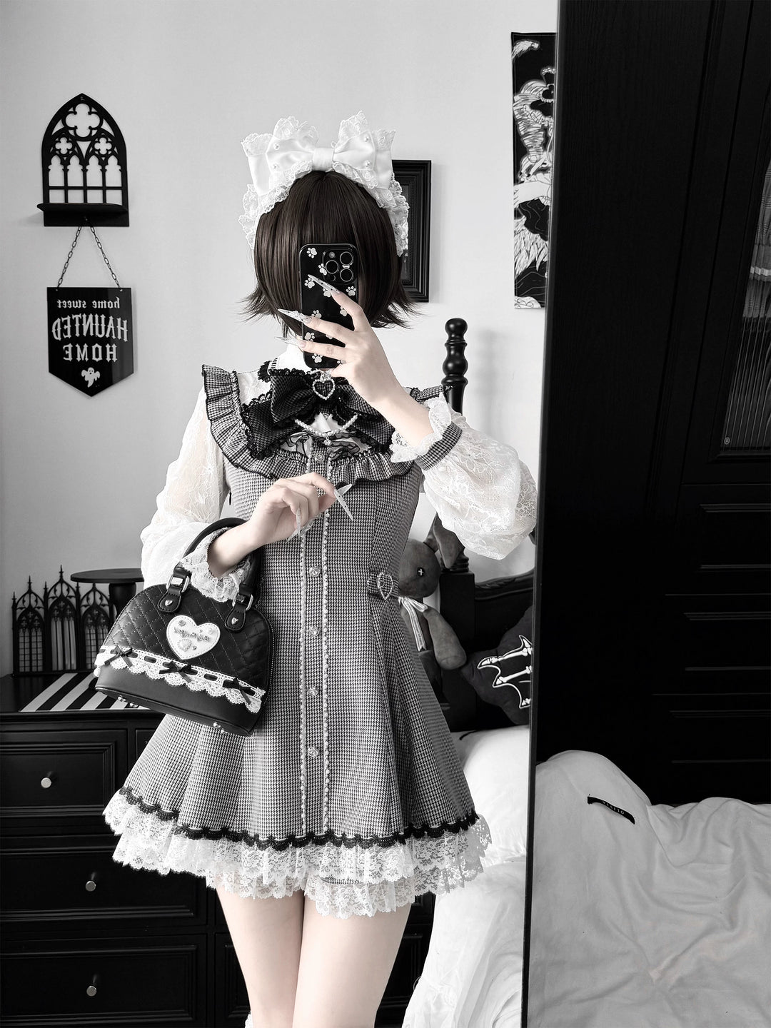 Ryousangata Long-Sleeved Dress Set, Houndstooth & Lace Tulle 46075:874918