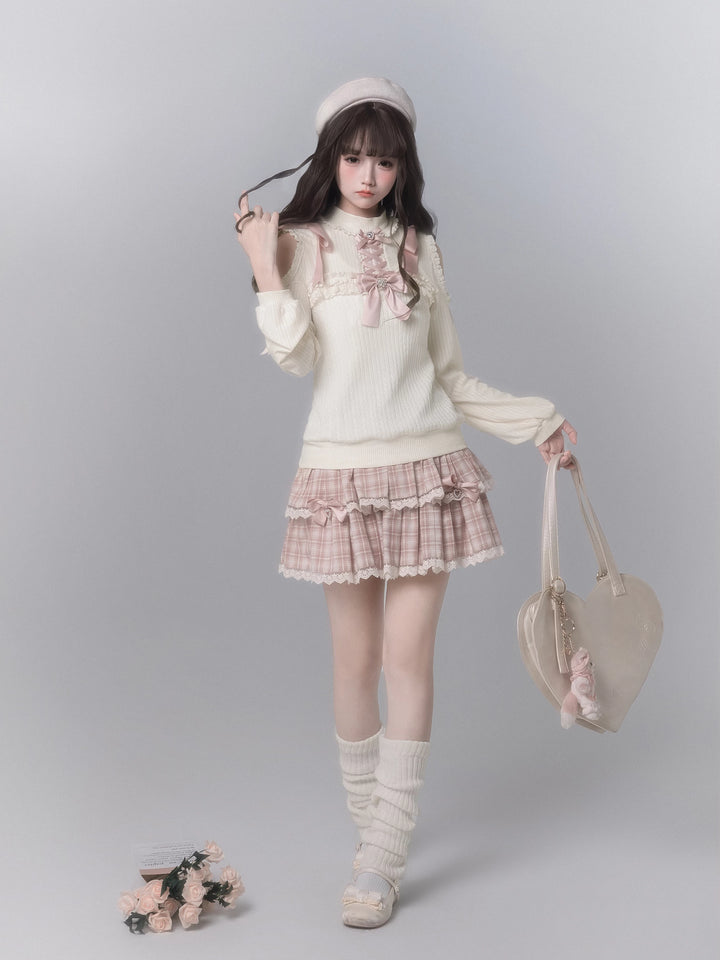 Ryousangata Open-Shoulder Sweater, Tiered Plaid Skirt 44776:824069