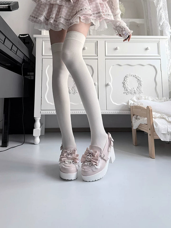Jirai Kei Chunky Heel Slip-on Shoes, Bows and Pearls 45868:866987
