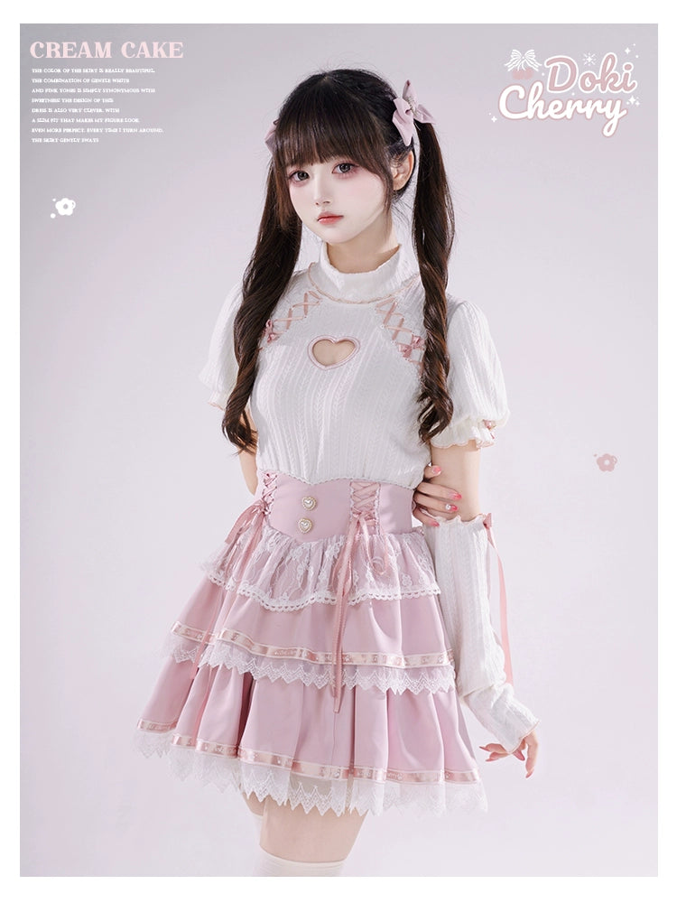 Jirai Kei Sweater Open-shoulder Sweater Pink Tiered Skirt 39408:628070