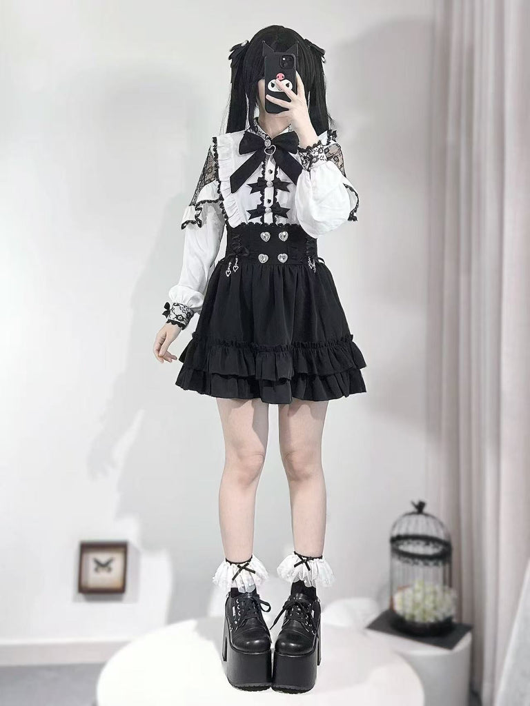 Black Jirai Kei Skirt With Flounce Hem + Heart Rhinestone – Honey