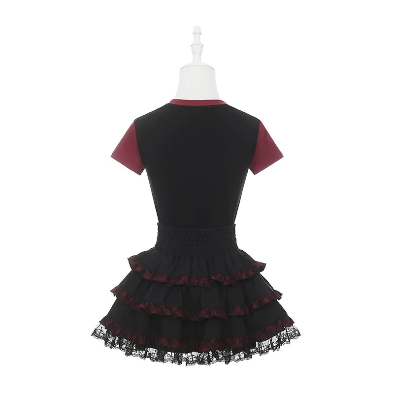 Punk Strawberry and Chain Print T-shirt, Red Plaid Skirt 45365:851398