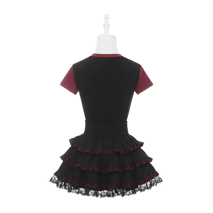 Punk Strawberry and Chain Print T-shirt, Red Plaid Skirt 45365:851398