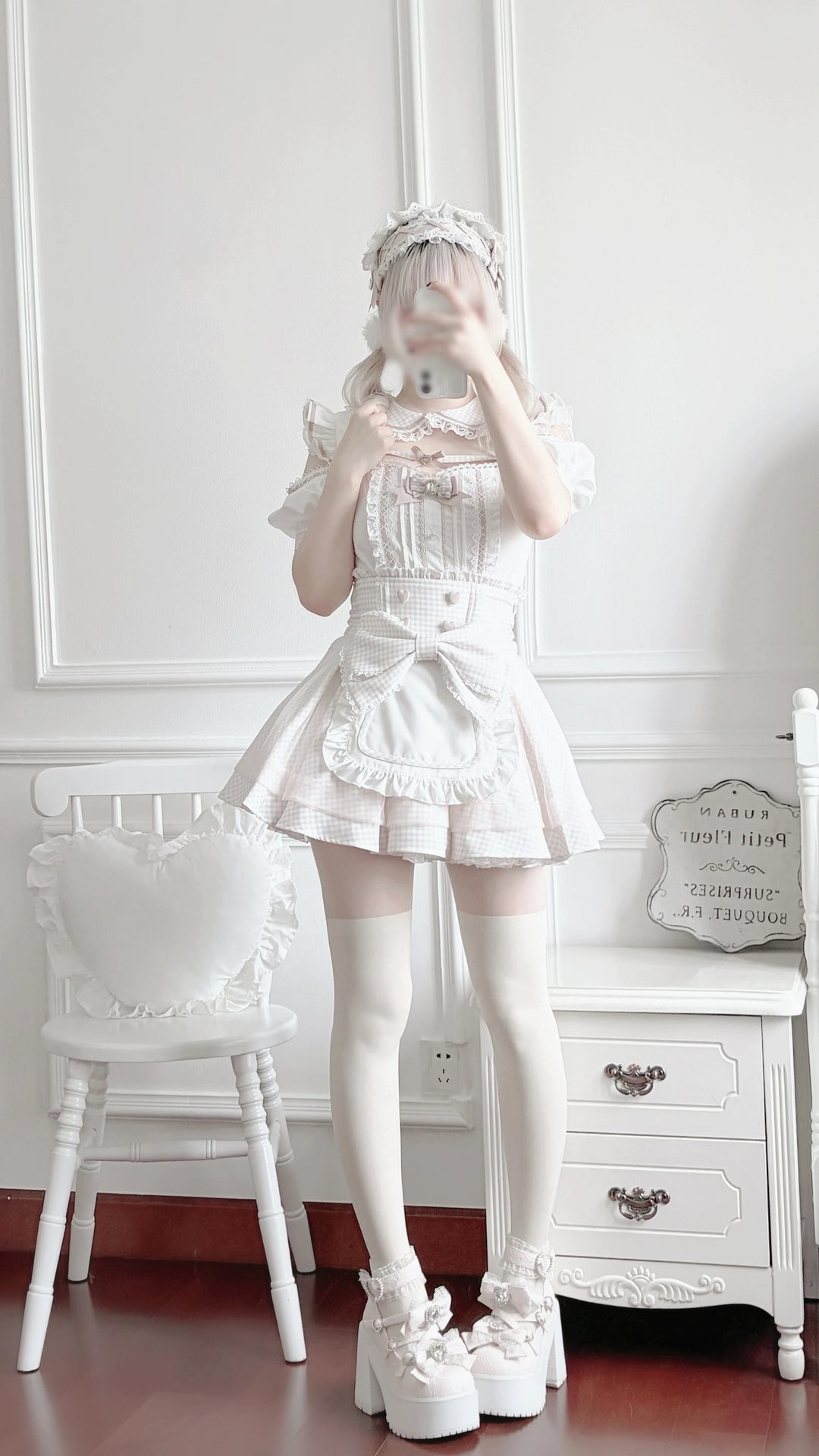 Jirai Kei Gingham Maid Blouse and Skirt Set, Detachable Apron 45659:858682