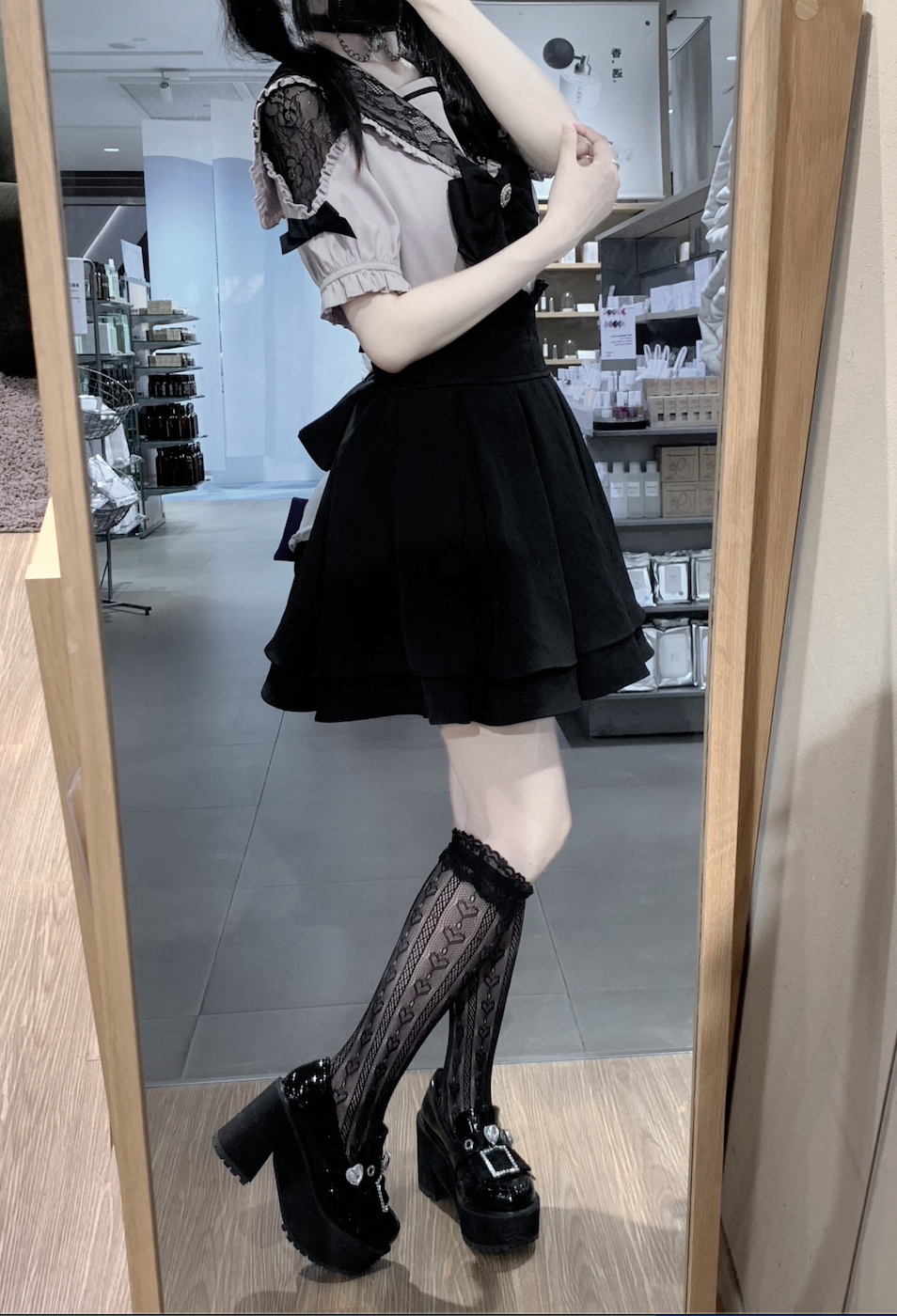Jirai Kei Cross Blouse High Waist Skirt Short Sleeve Shirt 37118:552524