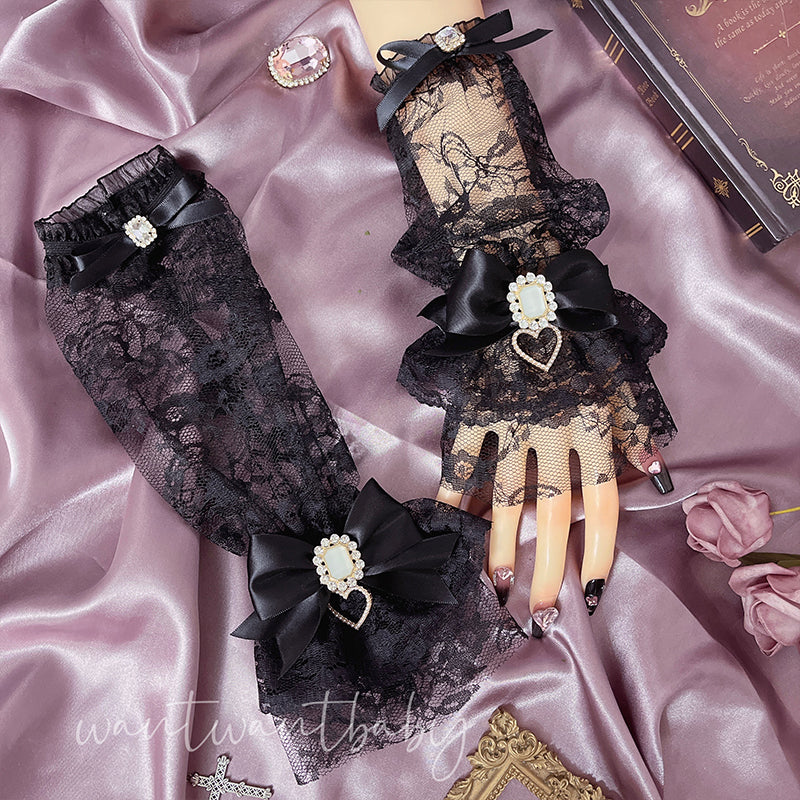 Jirai Kei Hand Cuffs Lolita Bow Lace Hand Sleeves 21758:332060