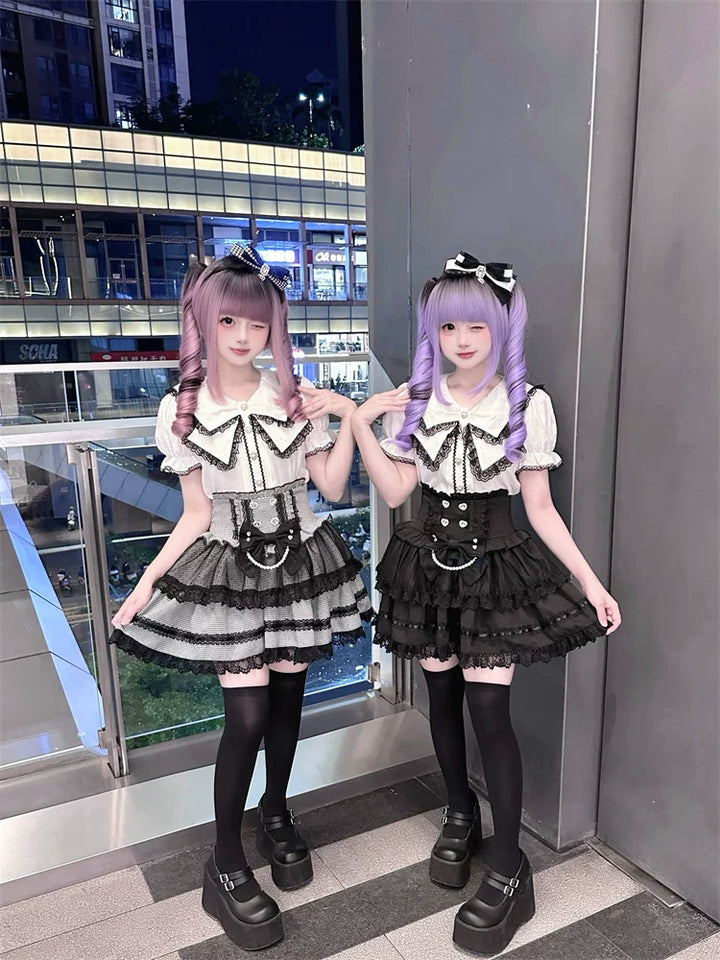 Jirai Kei Sailor Collar Blouse, Cinched Waist Tiered Skirt 45571:855941