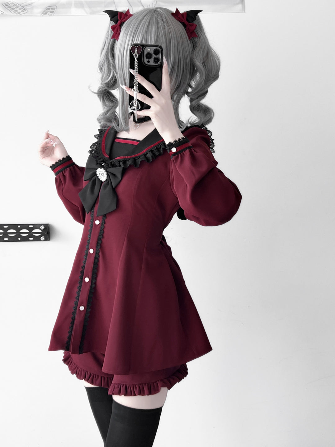 Black Red Jirai Kei Dress Set With Sailor Collar and Bunny Ears 42285:734904