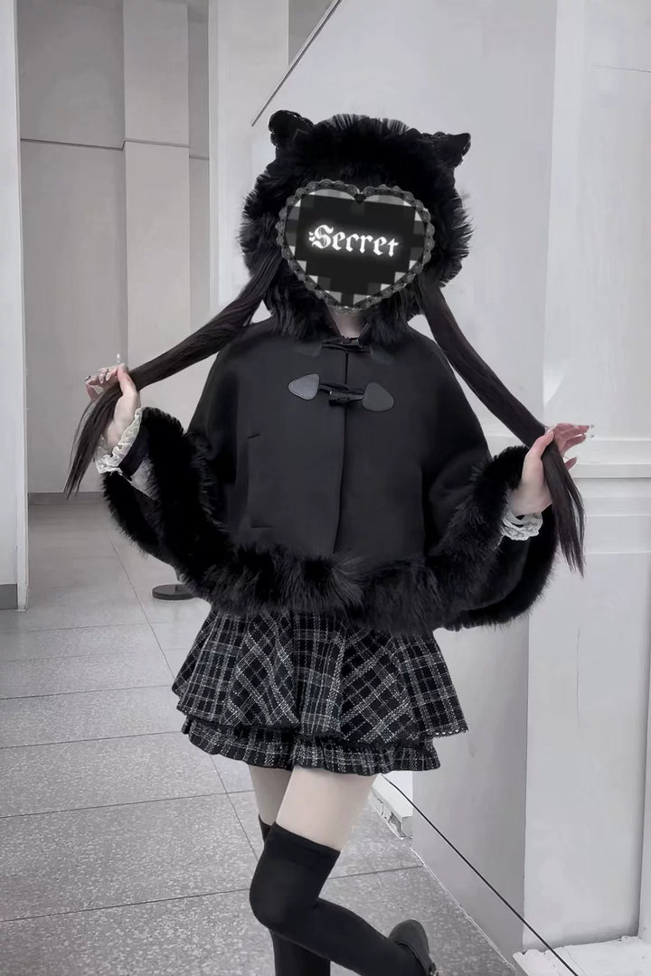 Jirai Kei Cape, Ear-Accented Hood and Toggle Buttons 44513:816758