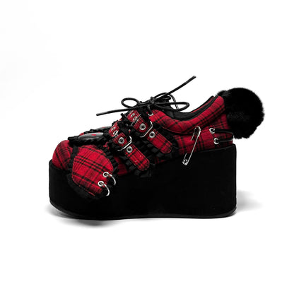Y2K Shoes Red Plaid Platform Shoes Bandage Bunny Shoes 34394:471232