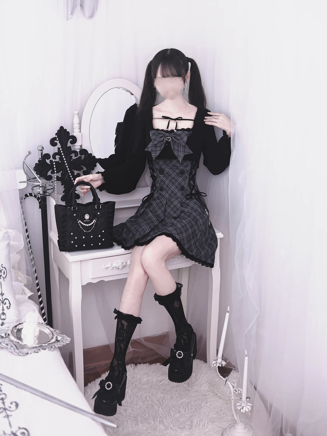 Jirai Kei Plaid Dress with Bolero, Pleated Hem 45934:869205