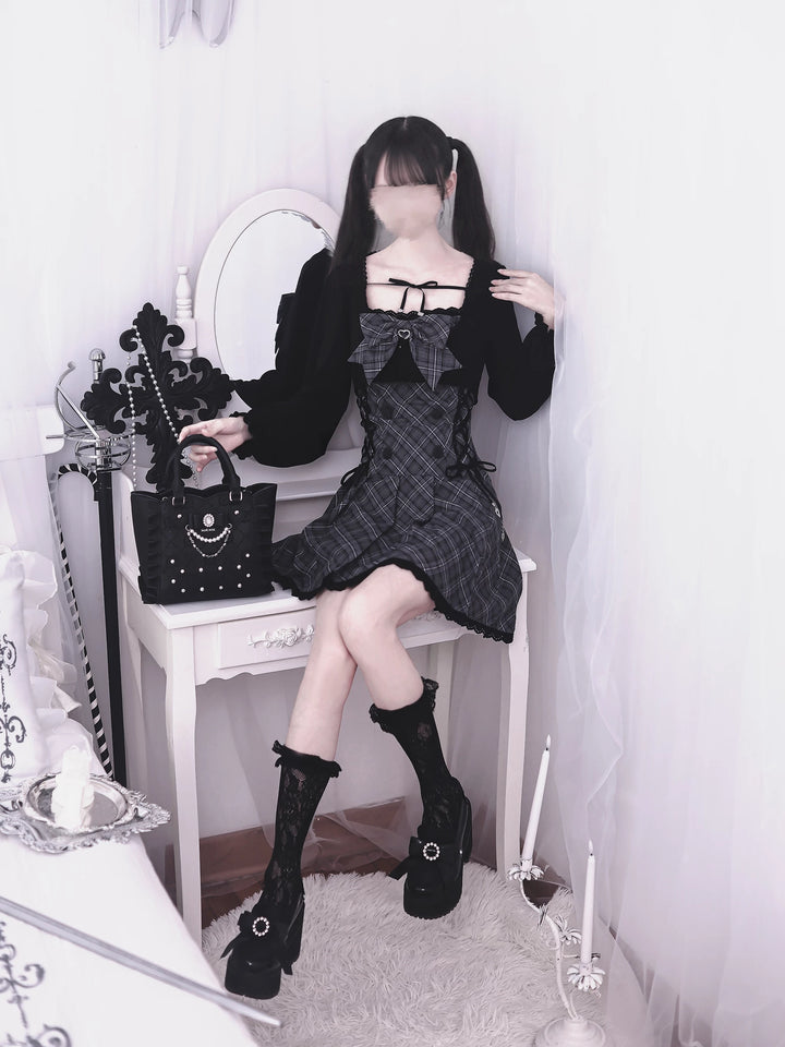 Jirai Kei Plaid Dress with Bolero, Pleated Hem 45934:869205