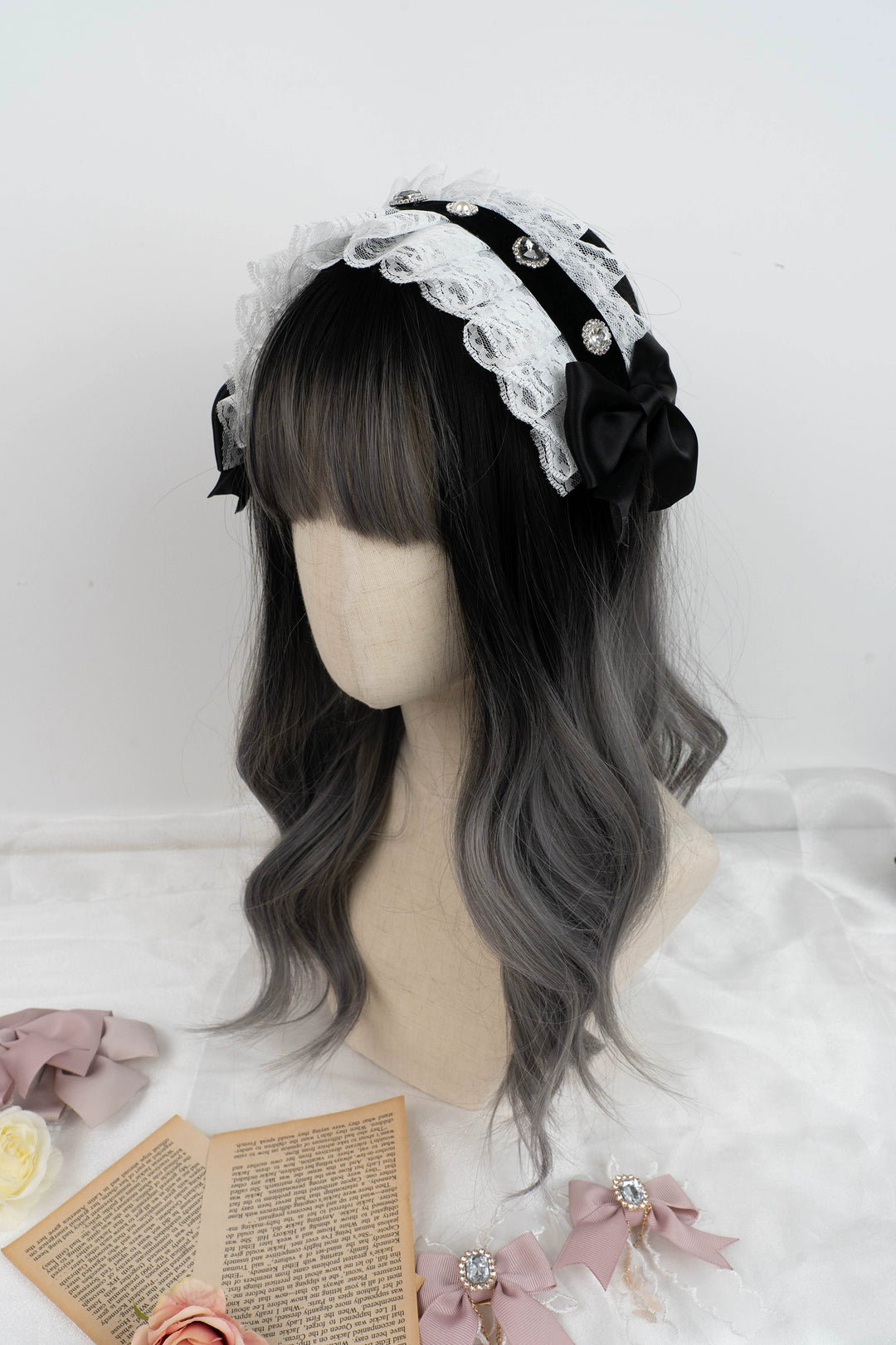 Jirai Kei Headband Lace Bow Headdress Rhinestones Hair Accessory 35650:507218 35650:507218