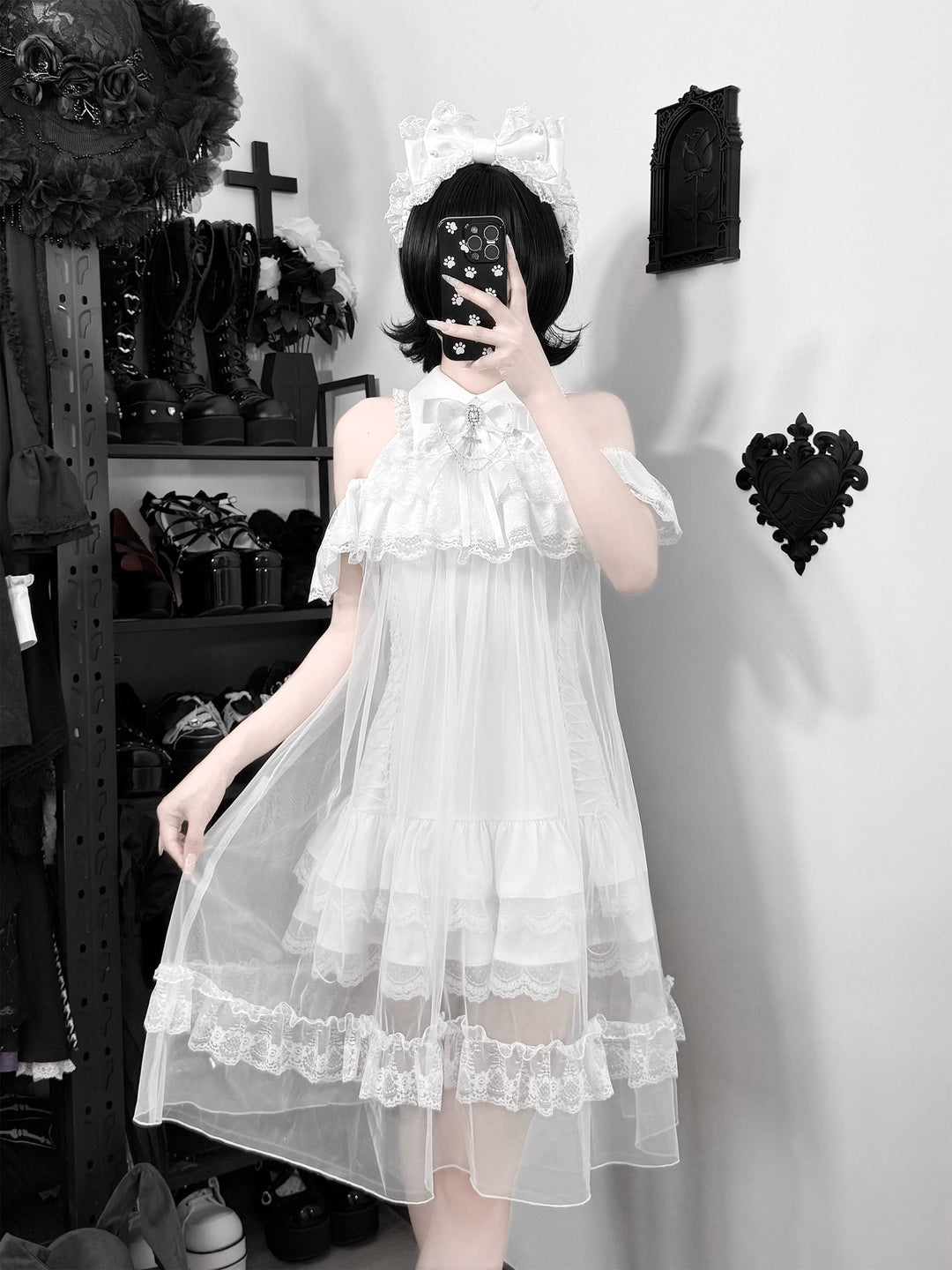 White Lace Open Shoulder Dress, Voile Outer Layered 45423:850590