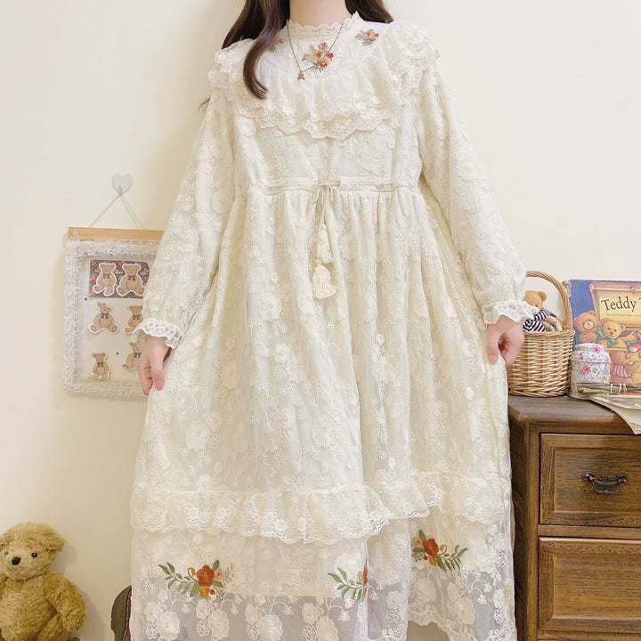 Mori Kei Dress Embroidered Lace Long Sleeve Apricot Dress 39438:640588