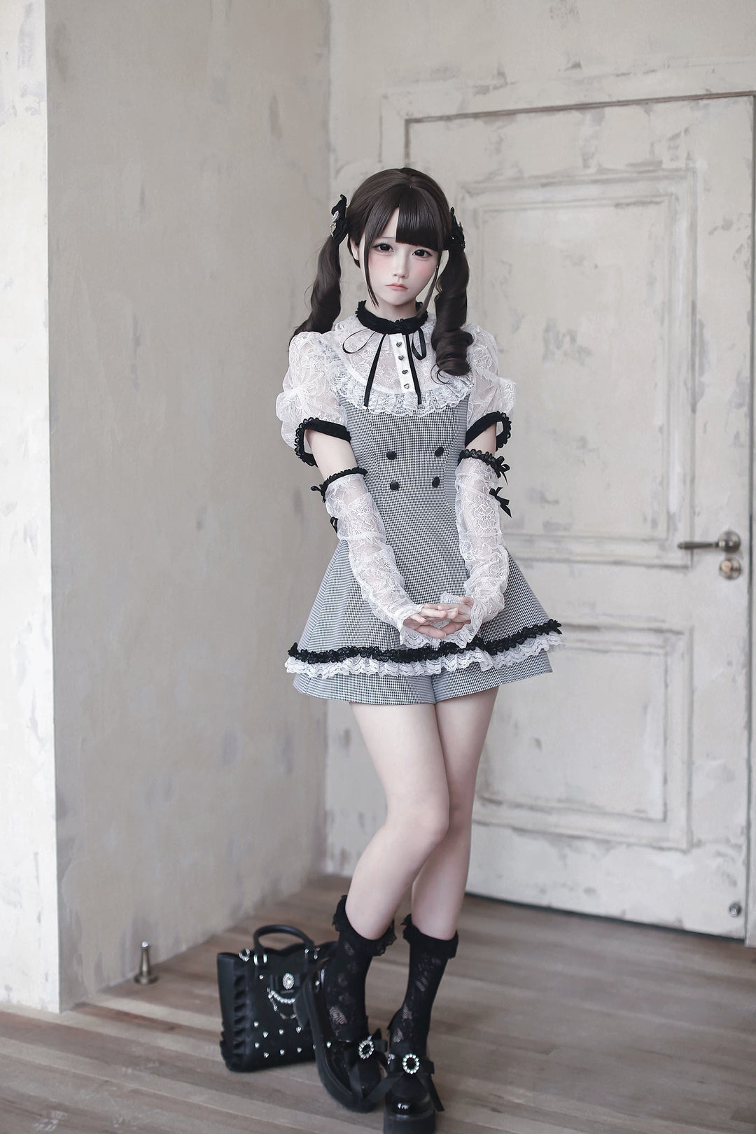 Jirai Kei Houndstooth Pattern Dress, Lace & Detachable Sleeves 44922:828276